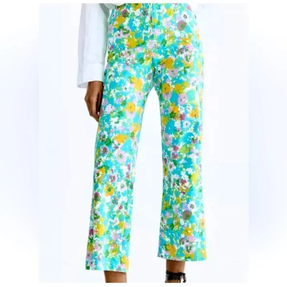 Zara Colorful Floral Retro Inspired Linen Blend High Rise Cropped Ankle Pants